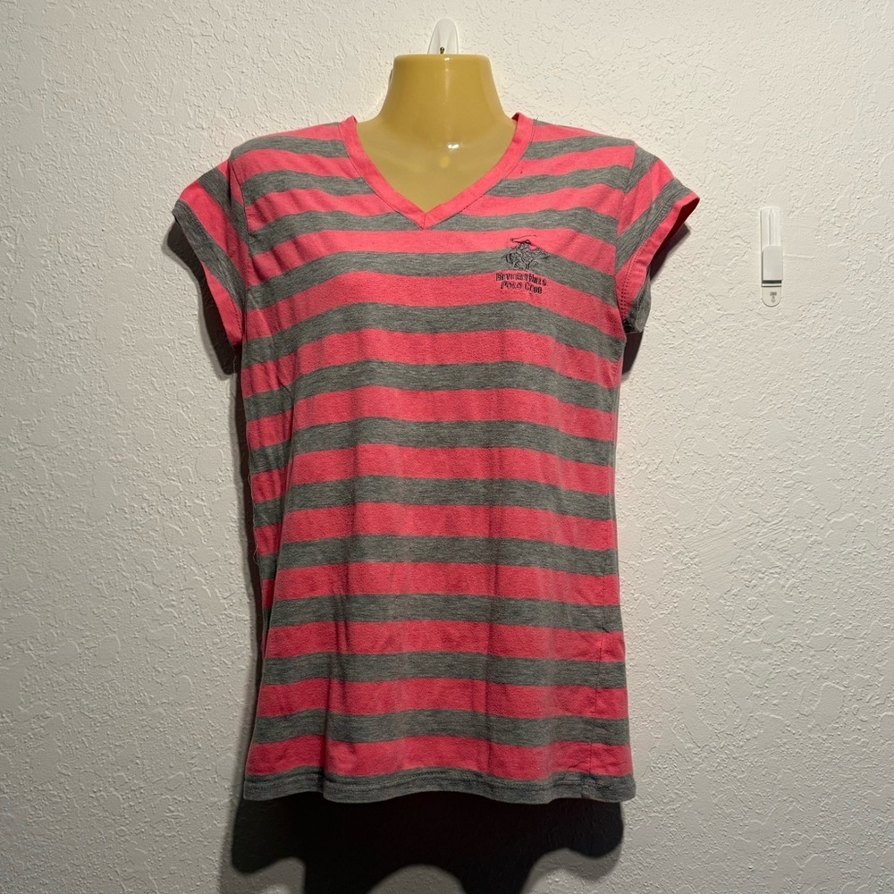 Beverly Hills Polo Club Pink Gray Striped V-Neck Tee Women’s Size L Large Casual